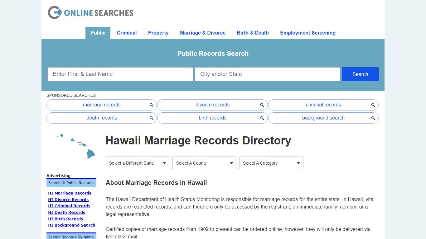 Hawaii Marriage Records Search Directory - OnlineSearches.com